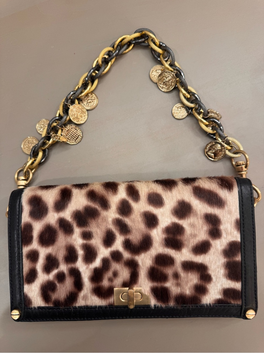 Leopard Print Shoulder Bag with Gold Coin Chain - Black/Brown
